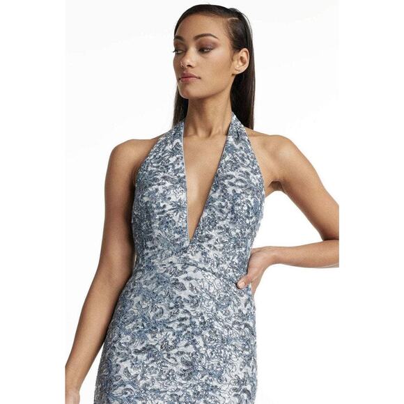 SHO by Tadashi Shoji Lara Sequin Lace Mini Dress 0 Blue Deep V Halter Cocktail - Picture 2 of 14